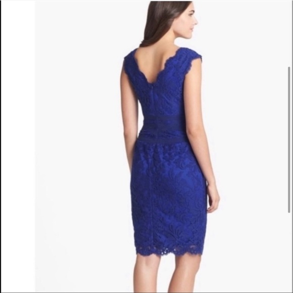 Tadashi Shoji | Embroidered Lace V Neck Sheath Dress In Marina Blue Size 2P - Picture 3 of 11